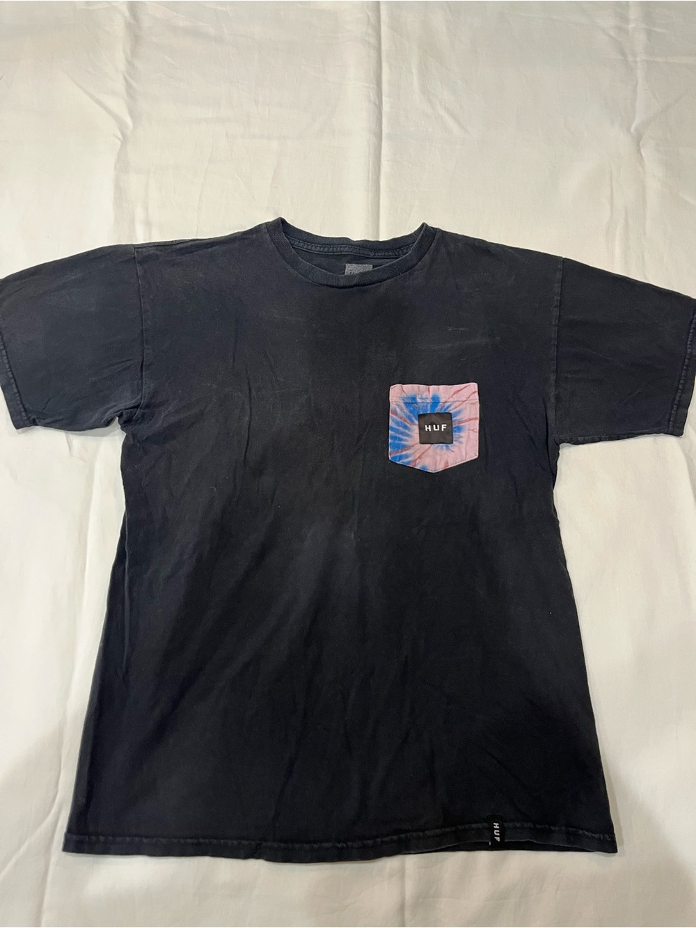 HUF Black Tee with Pink & Blue Tie-Dye Chest Pocket